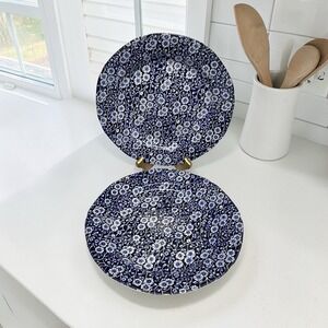 Vintage Crownford Staffordshire England Calico Blue Dinner Plates 10.5" Set Of 2
